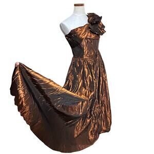 Vintage Fred Perlberg Copper Taffeta One Shoulder Gown SIZE S Formal Maxi Glam